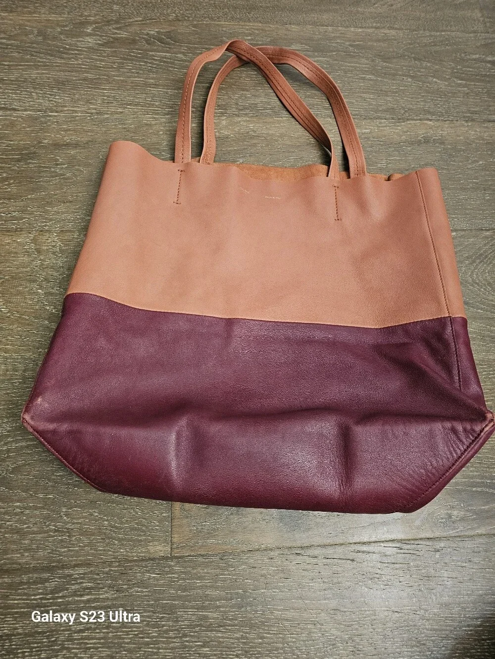 CELINE Horizontal Bicolor Cabas Leather Tote Bag In Burgundy Pink U-UP-0112